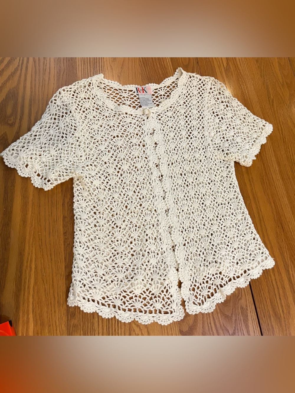 R&K White Crocheted Openwork Short Sleeve Cardigan